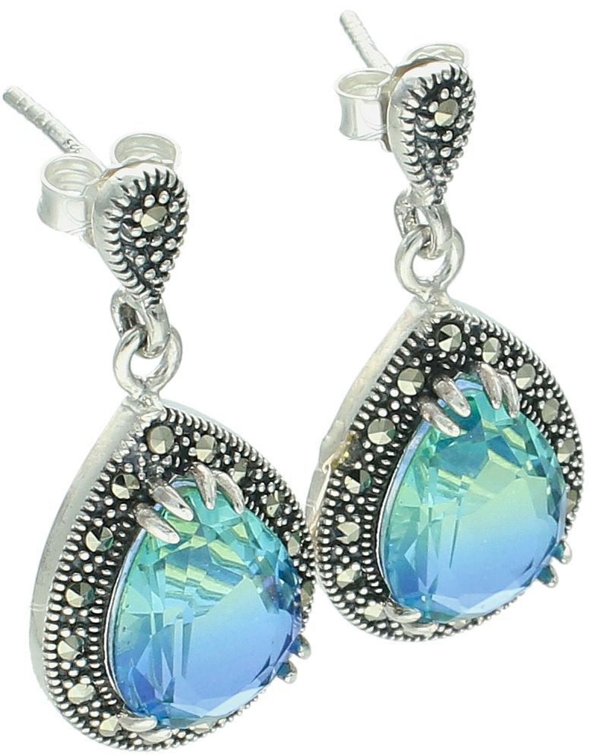 Kolczyki damskie srebrne próby 925, model DIA-KLC-13186-925. Kształt łezki, cyrkonia niebiesko-zielona, markazyty, zapięcie na sztyft. Długość 3,0 cm, szerokość 1,5 cm, waga 6,50 g.1.jpg