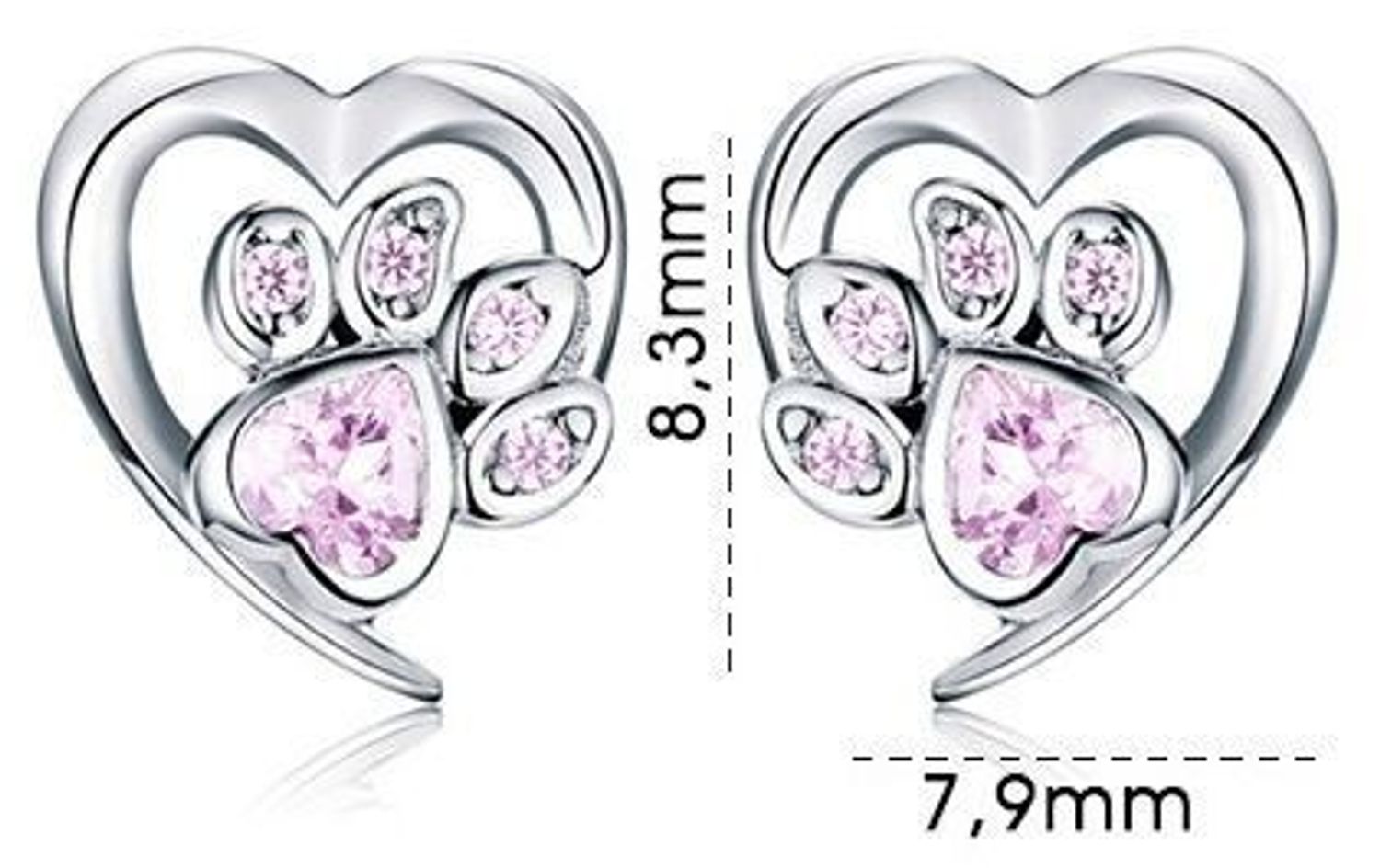 Kolczyki srebrne rodowane 925 – serce z psią łapką, model IM0260423ER. Różowa cyrkonia, zapięcie sztyft, wymiary 7,9 x 8,3 mm, waga ok. 1,2 g. Idealne dla miłośniczek zwierząt!2.jpg