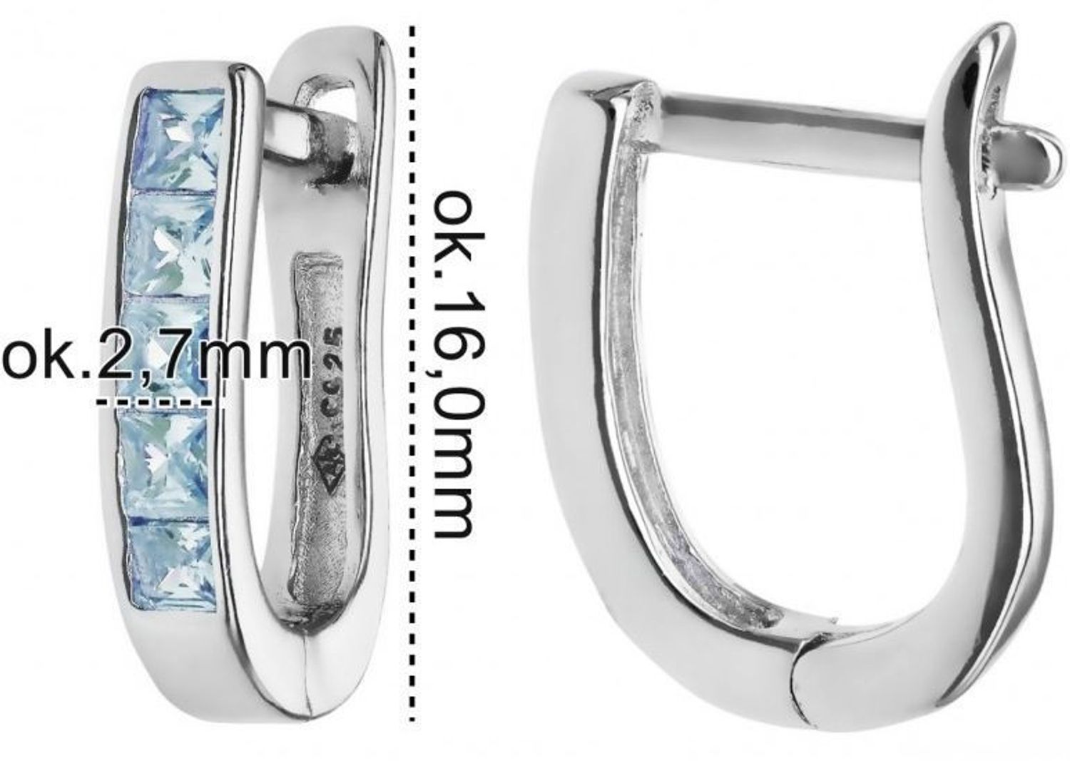 Stylowe srebrne kolczyki rodowane z niebieskimi cyrkoniami. Długość 15 mm, zapięcie angielskie. Idealne na prezent i elegancki dodatek do stylizacji.1.jpg