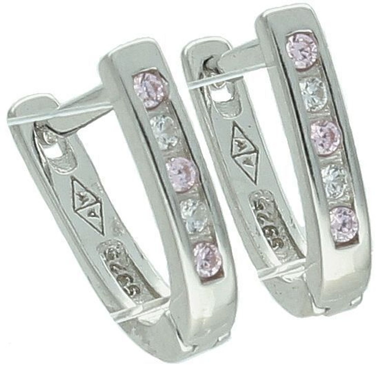 Delikatne kolczyki dziecięce ze srebra próby 925, zdobione białymi i różowymi cyrkoniami. Długość 1,0 cm, szerokość 2 mm, waga 1,20 g. Model DIA-KLC-13219-925 – idealne dla dziewczynki.1.jpg