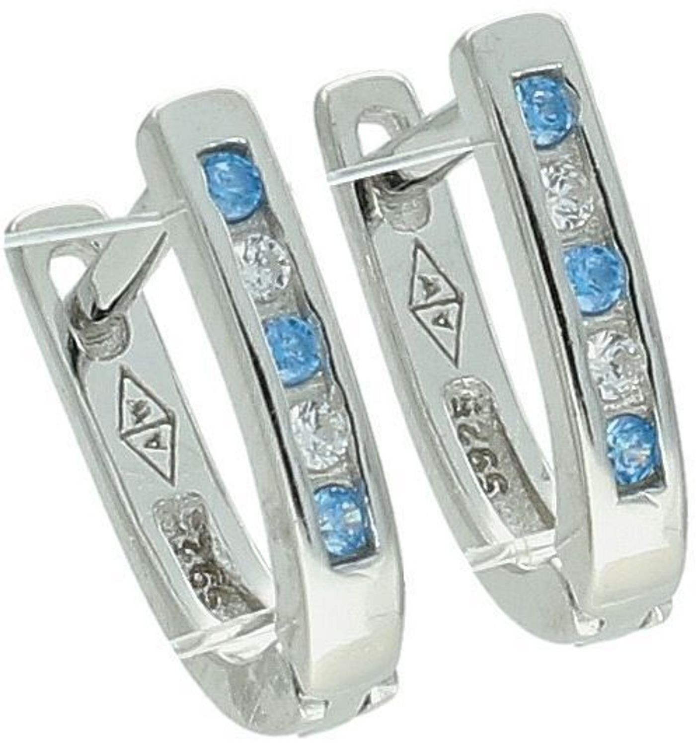 Kolczyki dziecięce srebrne DIA-KLC-13220-925 z białymi i niebieskimi cyrkoniami. Długość 1,0 cm, szerokość 2 mm, waga 1,20 g. Próba 925, zapięcie bigiel angielski. Delikatna i bezpieczna biżut.jpg