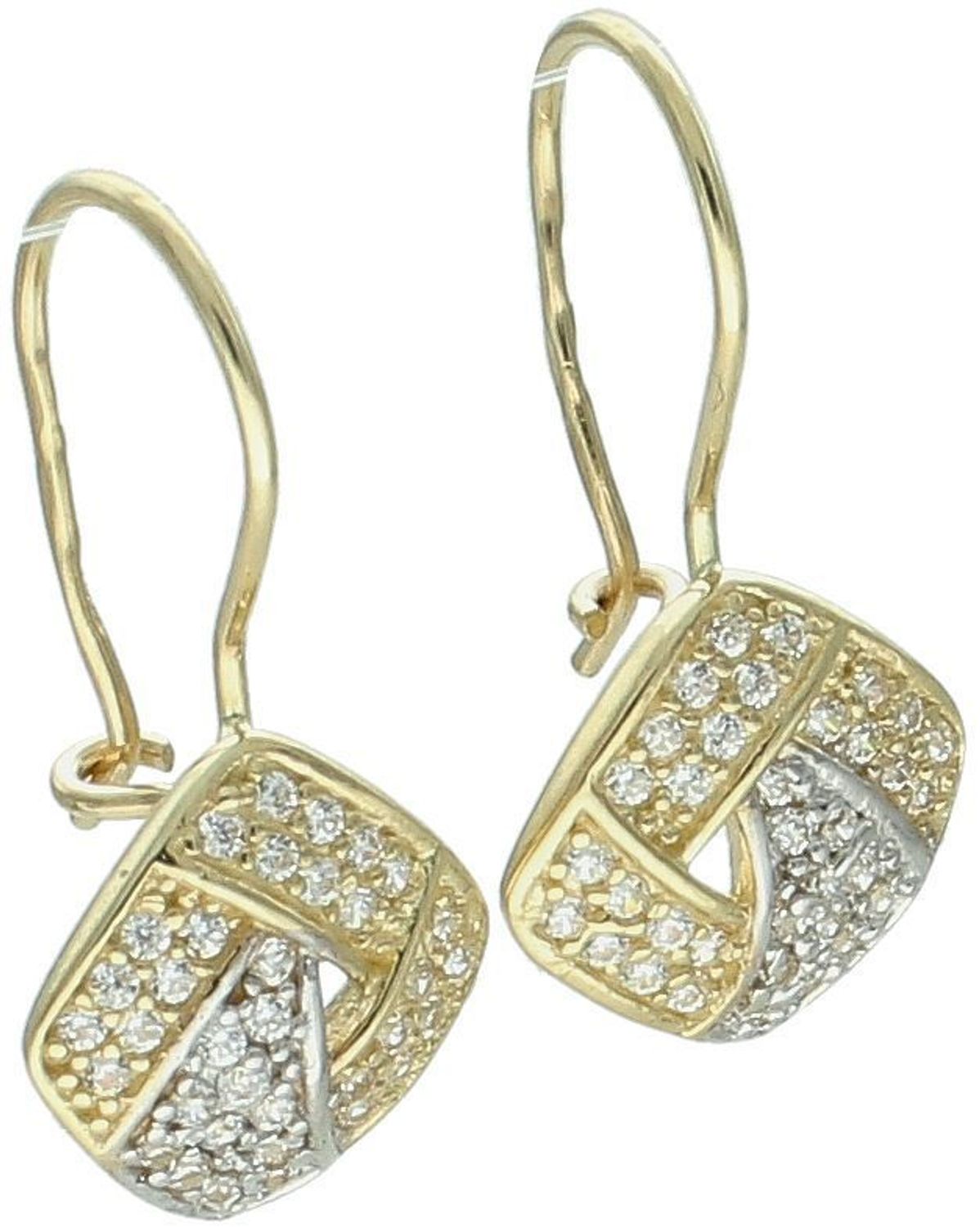 Złote kolczyki damskie próby 585 wiszące, zdobione białymi cyrkoniami. Model DIA-KLC-13264-585 – 2,10g, długość 2,2 cm. Lekka, elegancka biżuteria na co dzień i na prezent.1.jpg