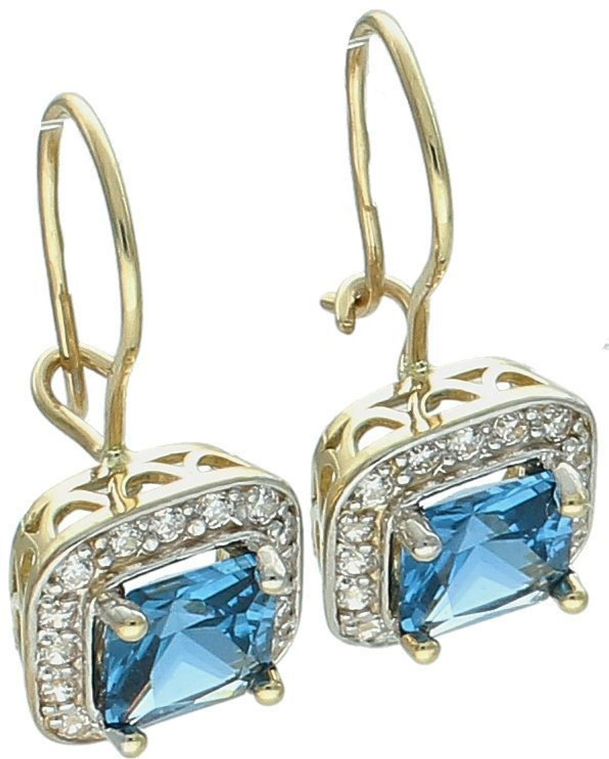 Złote kolczyki damskie próby 585, kwadratowe z dużą niebieską i mniejszymi białymi cyrkoniami. Model DIA-KLC-13270-585 – 3,24g, długość 2,0 cm. Stylowy wybór na prezent i specjalne okazje.1.jpg