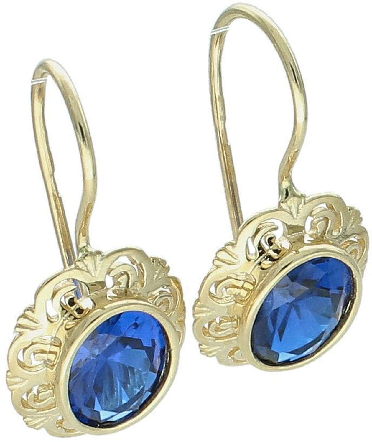 Złote kolczyki damskie próby 585 z granatową cyrkonią i biglem angielskim. Model DIA-KLC-13272-585, 3,58g, długość 2,5 cm – ponadczasowa elegancja w najlepszym wydaniu.1.jpg