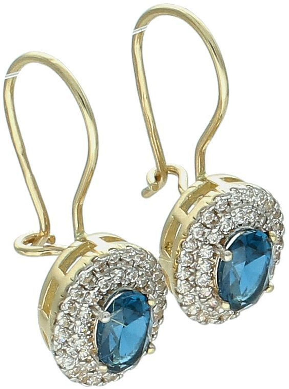 Złote kolczyki damskie próby 585 owalne z niebieską cyrkonią otoczoną białymi cyrkoniami. Model DIA-KLC-13274-585 – 2,43g, długość 2,2 cm, bigiel. Elegancka biżuteria na każdą okazję.1.jpg