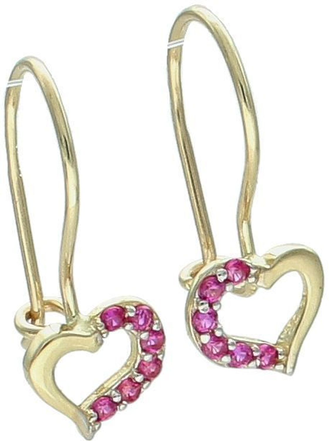 Złote kolczyki 585 dla dziewczynki w kształcie serduszek z różową cyrkonią. Model DIA-KLC-13276-585 – 0,83g, długość 1,7 cm, bigiel. Uroczy prezent na chrzest lub komunię.1.jpg