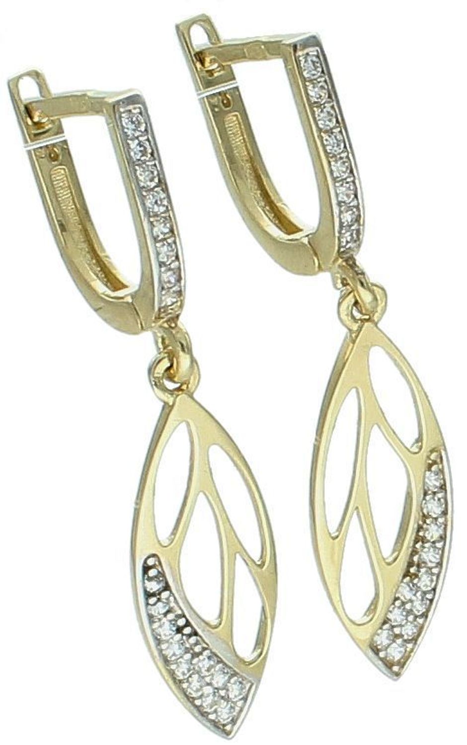 Eleganckie złote kolczyki damskie próby 585 w kształcie łezek z ażurem i cyrkonią. Model 2,45g, długość 3,2 cm, zapięcie angielskie. Idealne na prezent i na co dzień.1.jpg