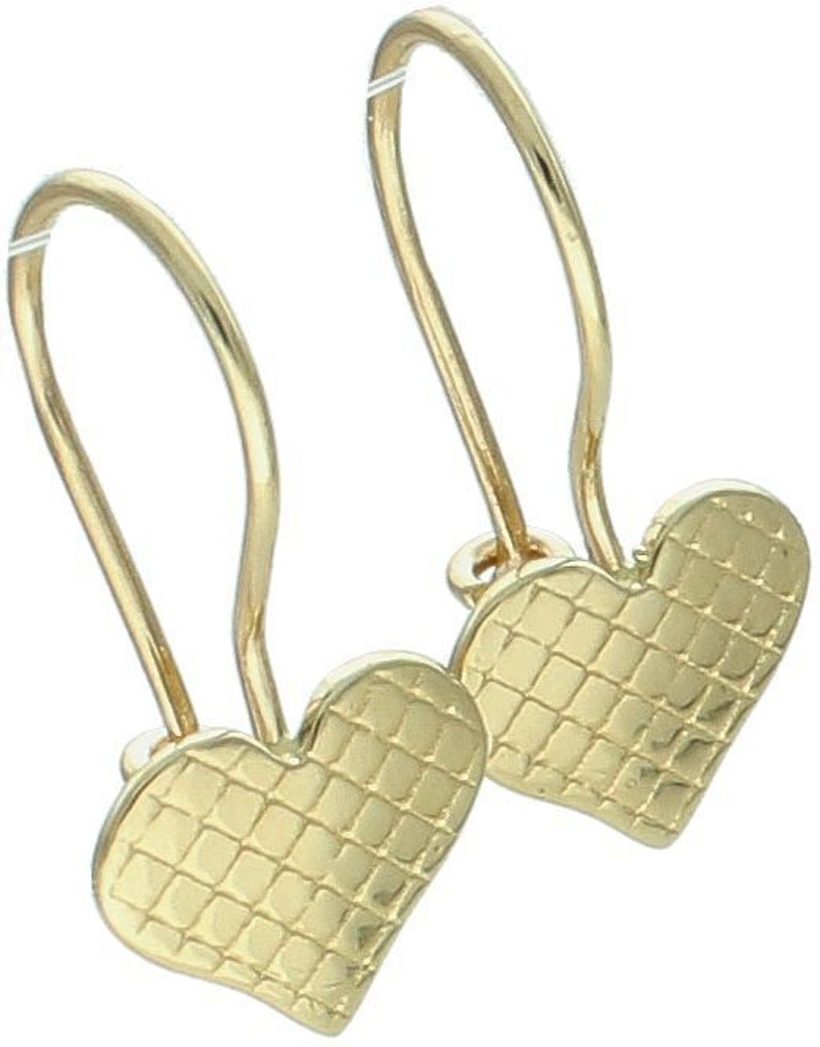 Złote kolczyki dziecięce 585 w kształcie serduszek ze zdobionym wzorem. Model DIA-KLC-13280-585 – 1,19g, długość 1,9 cm, bigiel. Piękny i bezpieczny prezent dla dziewczynki.1.jpg