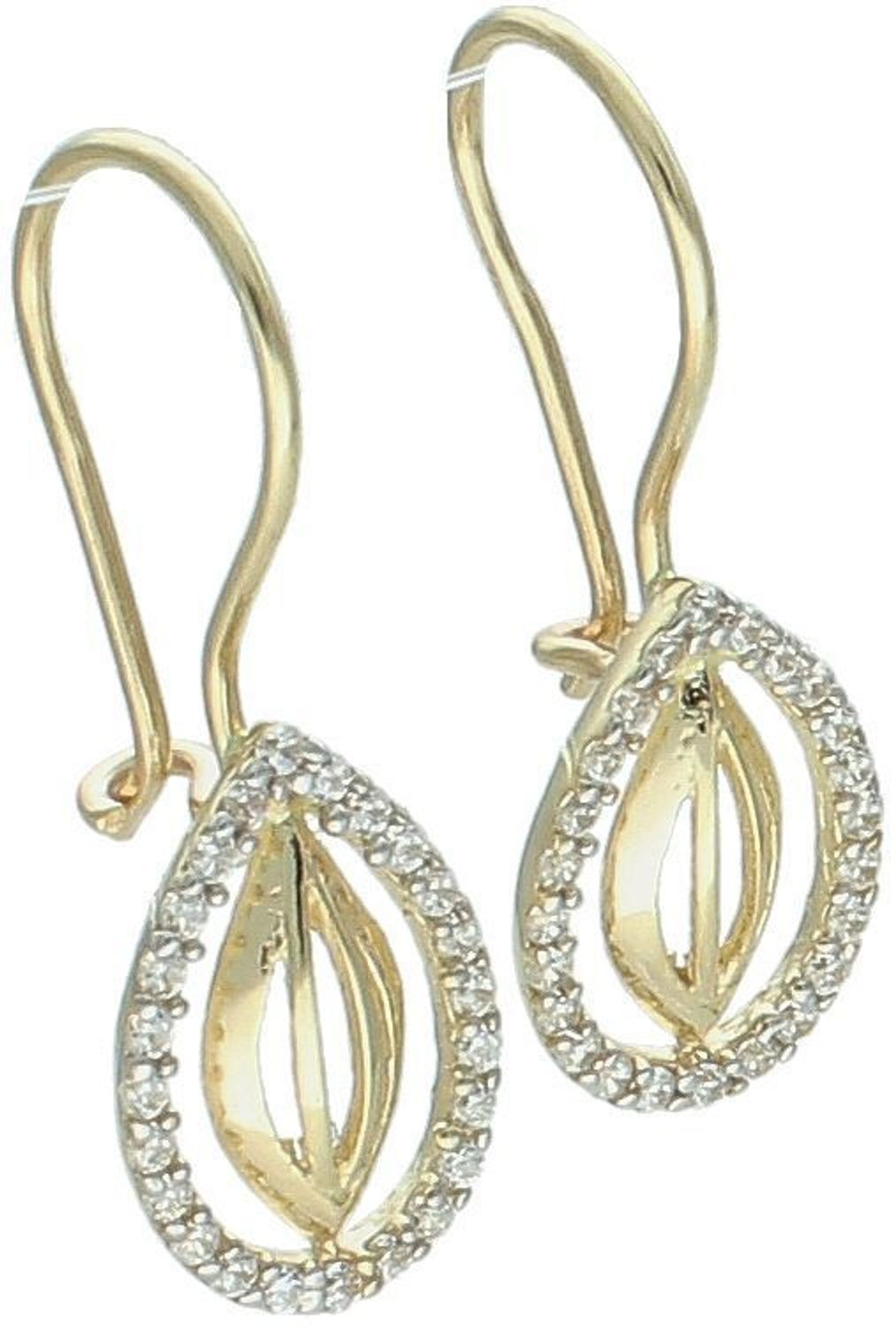 Złote kolczyki damskie próby 585 w kształcie łezki, zdobione cyrkoniami. Model DIA-KLC-13282-585 – 1,28g, długość 2,2 cm, zapięcie na bigiel. Lekka i kobieca elegancja.1.jpg