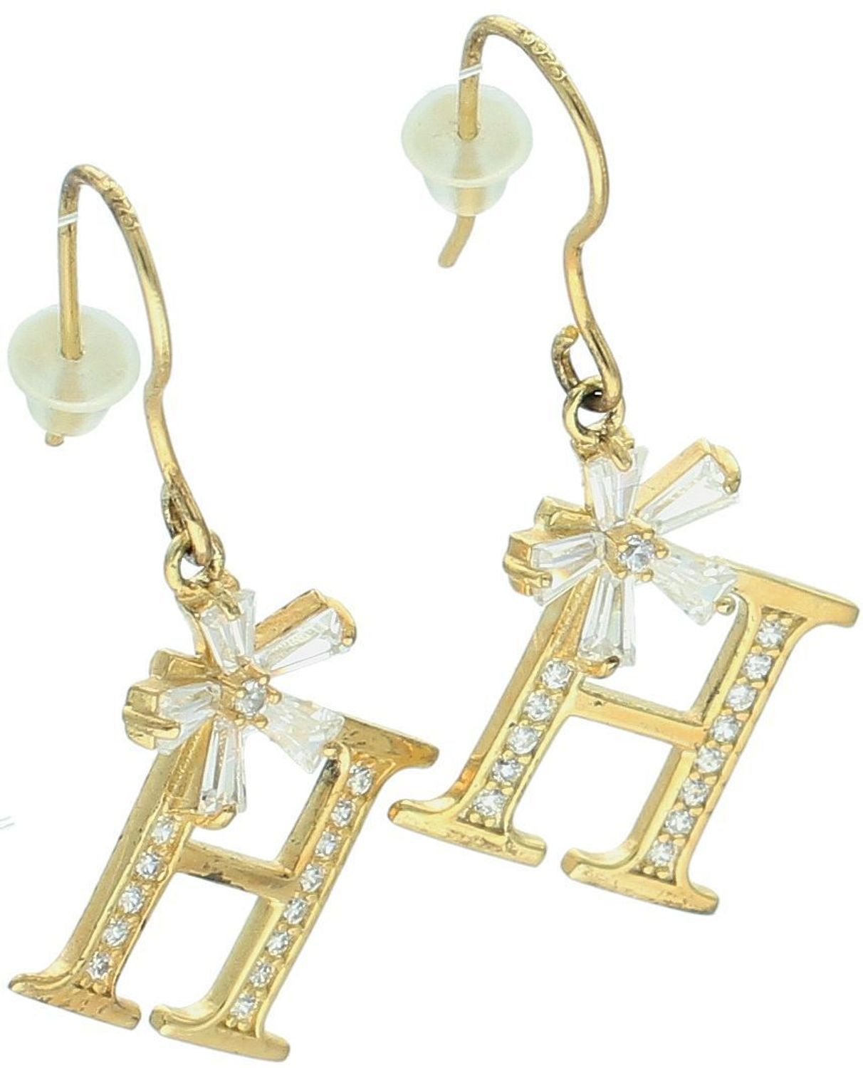 Srebrne pozłacane kolczyki literka H z cyrkonią i kwiatkiem z kryształków – Srebro 925.jpg