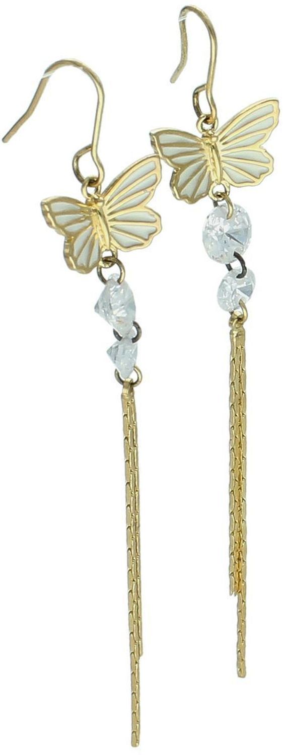 Kolczyki damskie srebrne pozłacane 925 motylki zdobione białą emalią, długość 6,5 cm, zapięcie bigiel otwarty. Delikatne i lekkie kolczyki idealne na co dzień i na wyjątkowe okazje.1.jpg