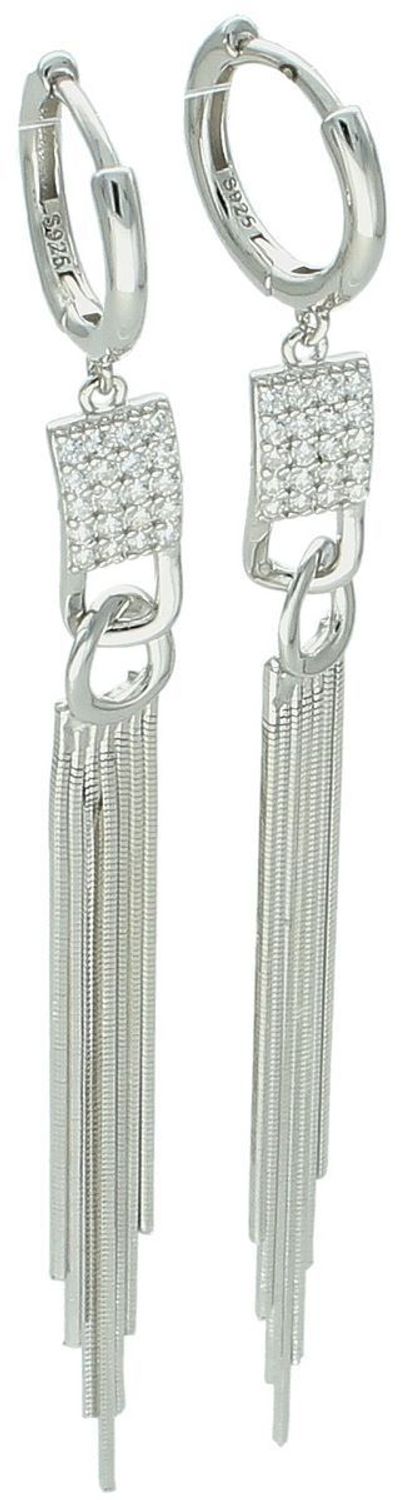 Kolczyki srebrne DIA-KLC-13404-925 z kółeczkami i wiszącymi łańcuszkami ozdobionymi cyrkonią. Długość 7 cm, srebro próby 925, zapięcie zatrzaskowe, waga 4,60 g. 1.jpg