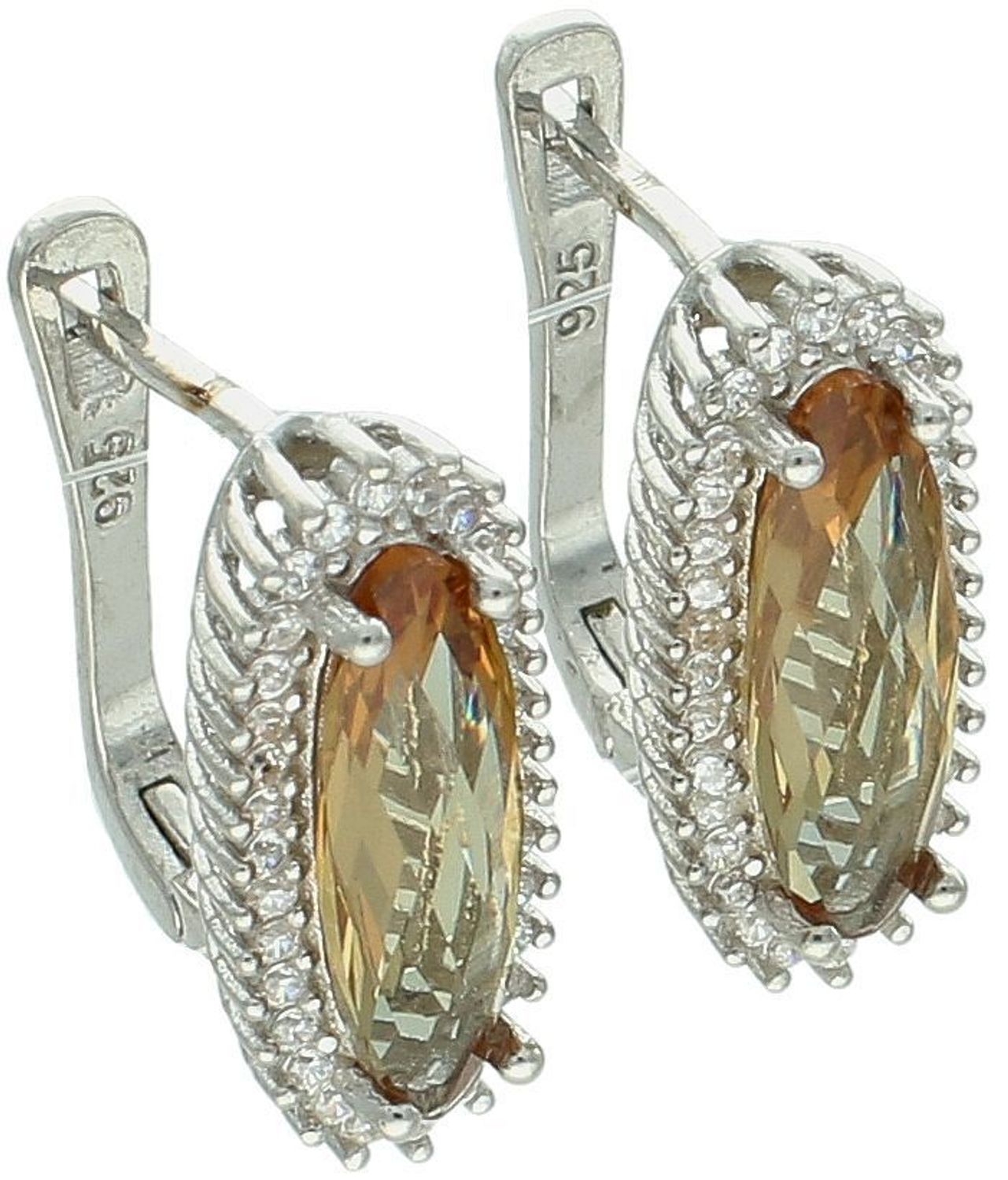 Srebrne kolczyki DIA-KLC-13416-925 z dużą owalną cyrkonią w kolorze zielono-żółtym oraz mniejszymi białymi kamyczkami. Srebro próby 925, zapięcie angielskie, długość 2 cm. 1.jpg