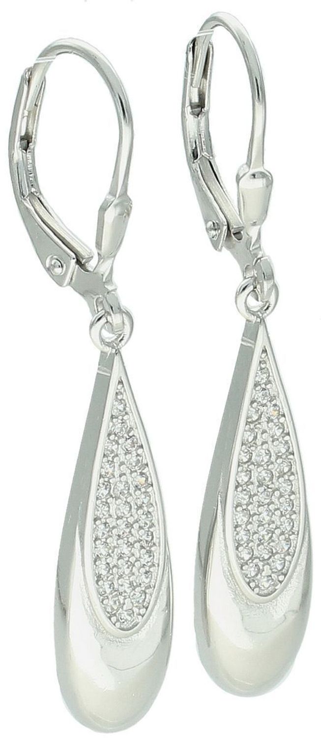 Srebrne kolczyki damskie DIA-KLC-13420-925 w kształcie łezek, zdobione cyrkoniami. Próba 925, zapięcie bigiel angielski. Długość 4,0 cm, waga 3,80 g. Klasyczna elegancja i blask.1.jpg