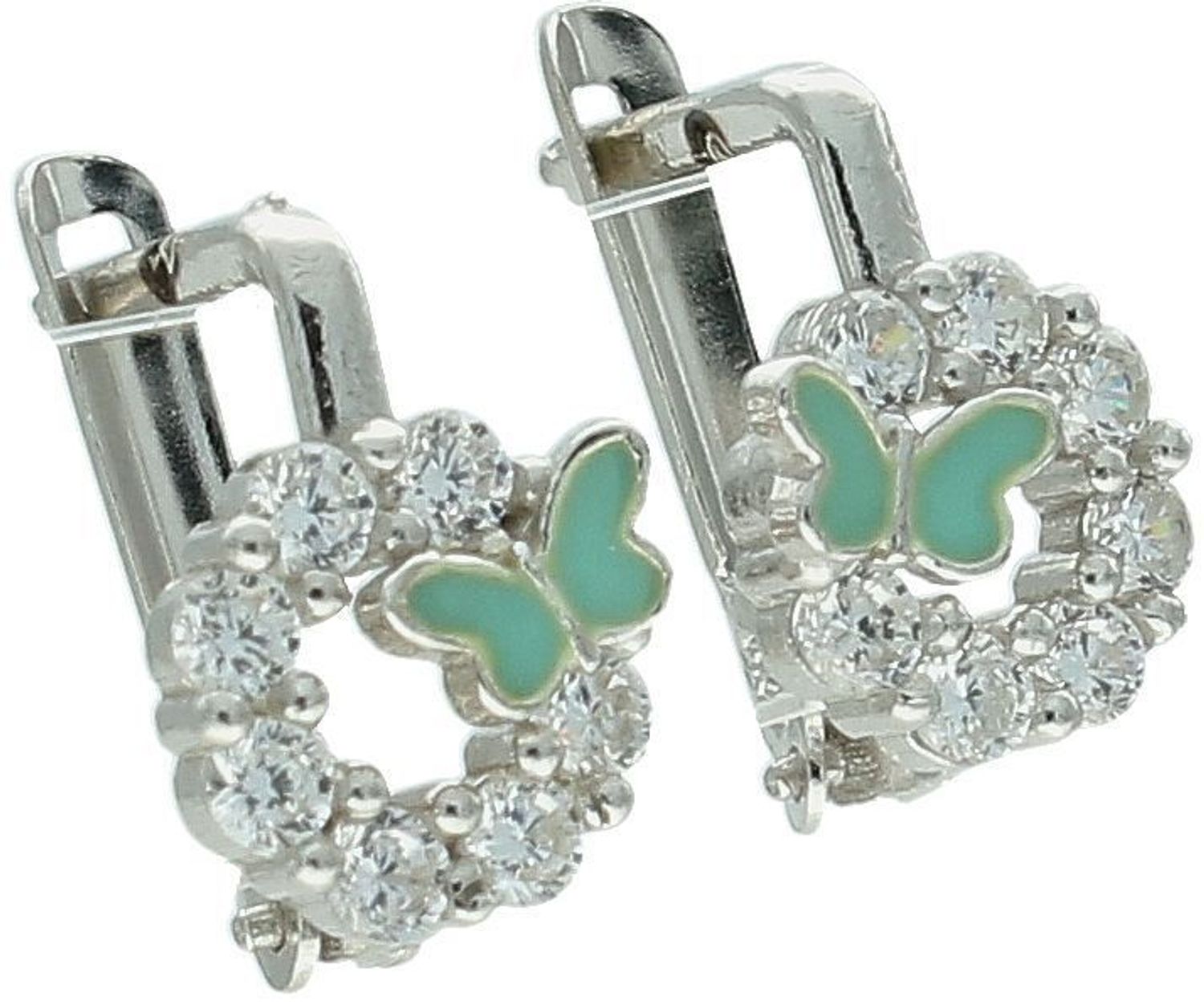 Urocze kolczyki dziecięce srebrne wykonane z srebra próby 925, zdobione cyrkoniami i motylkami z emalią. Długość 1,0 cm, szerokość 7 mm. Zapięcie angielskie – lekkie i bezpieczne.1.jpg