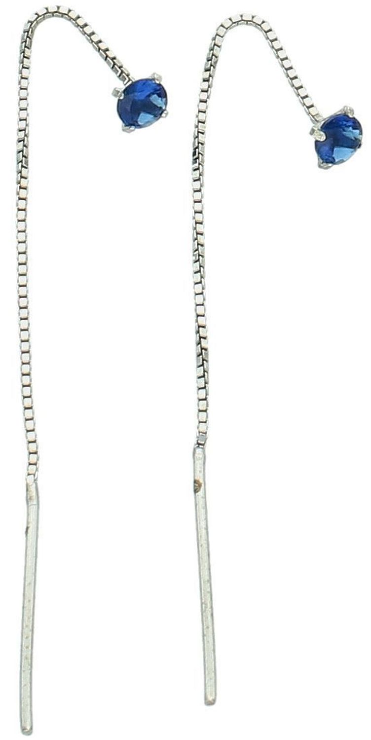 Eleganckie kolczyki srebrne próby 925, przeciągane przez całe ucho z delikatnymi łańcuszkami i granatową cyrkonią. Długość 7 cm, idealne do stylizacji codziennych i wieczorowych.1.jpg