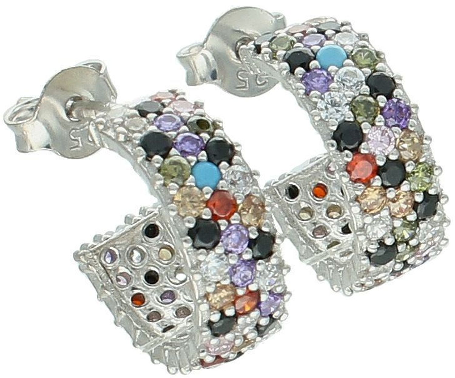 Srebrne kolczyki DIA-KLC-13450-925 w kształcie kółeczek, ozdobione kolorowymi cyrkoniami. Srebro próby 925, długość 1,3 cm, szerokość 5 mm, waga 3,70 g. Kolorowy akcent i elegancja.1.jpg