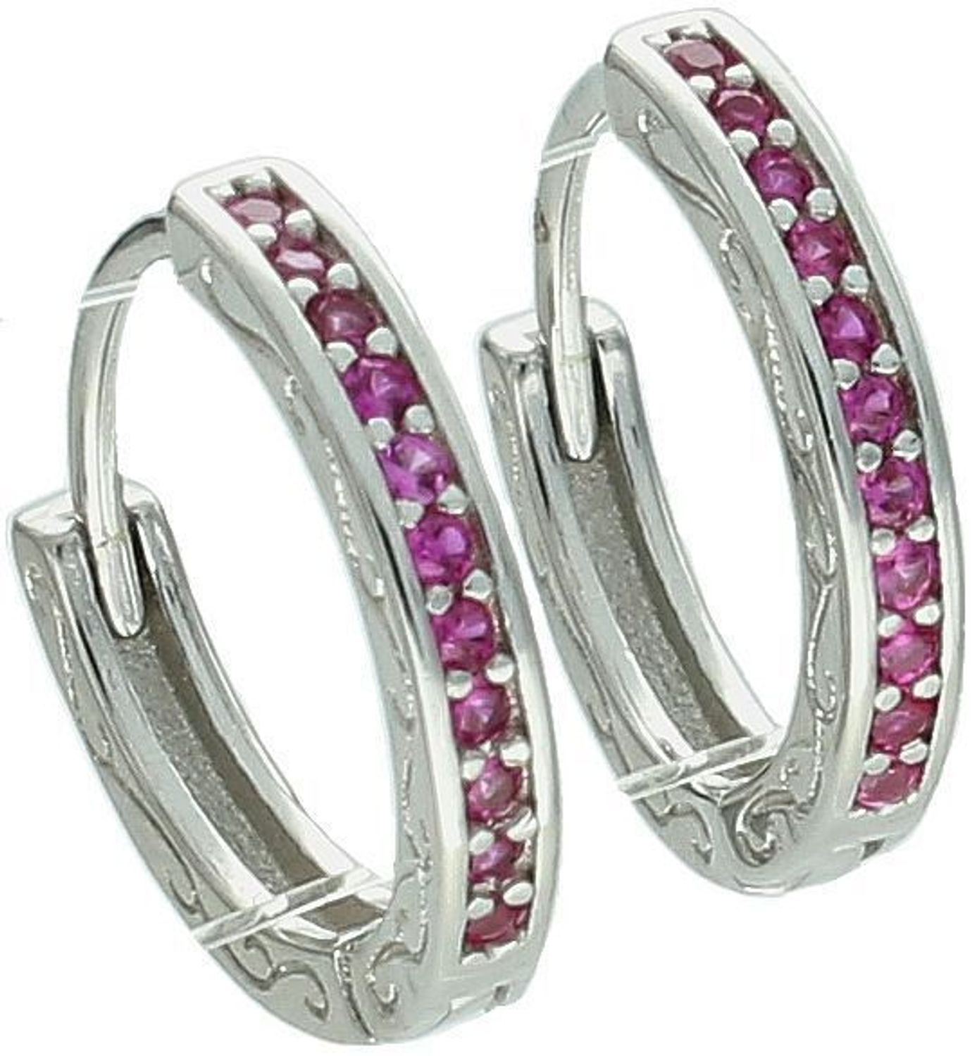 Małe srebrne kolczyki 925 w kształcie kółeczek z różowymi cyrkoniami. Długość 1,2 cm, zapięcie zatrzaskowe. Lekkie, eleganckie i uniwersalne.1.jpg