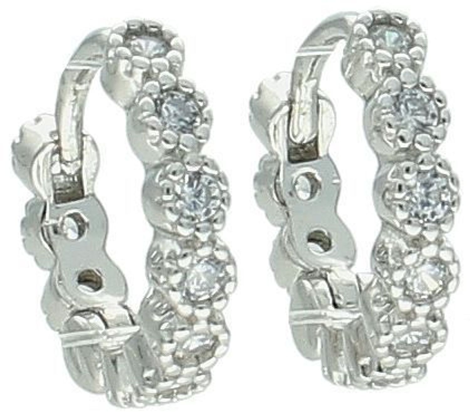 Delikatne kolczyki dziecięce srebrne próby 925, małe kółeczka zdobione białymi cyrkoniami. Długość 1,0 cm, szerokość 2 mm, zapięcie na zatrzask, waga 1,60 g. Model DIA-KLC-13467-925.1.jpg