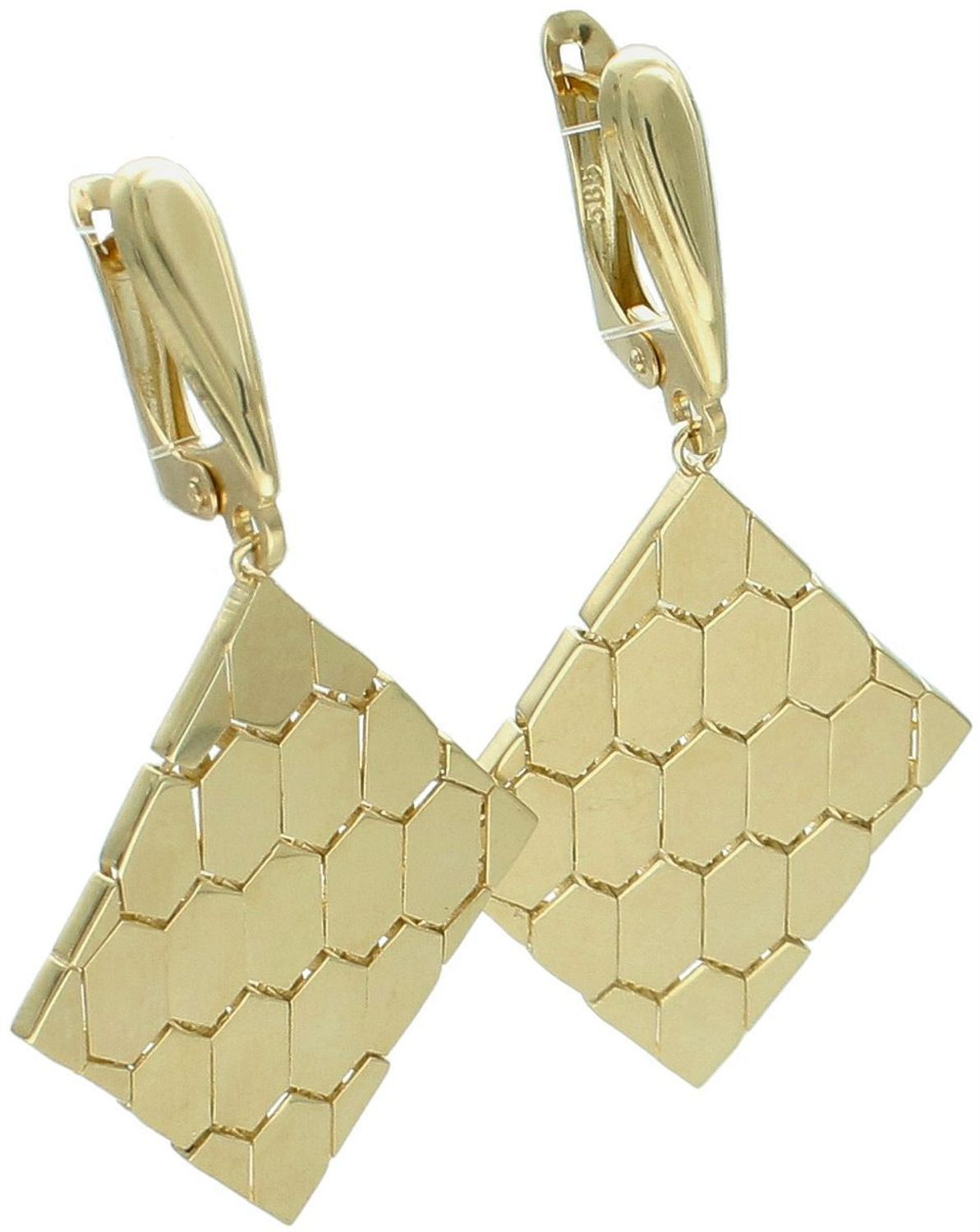 Efektowne kolczyki damskie ze złota próby 585. Wiszące, ruchome romby z zapięciem angielskim. Długość 4,5 cm, waga 7,04 g – elegancja i styl w jednym.1.jpg
