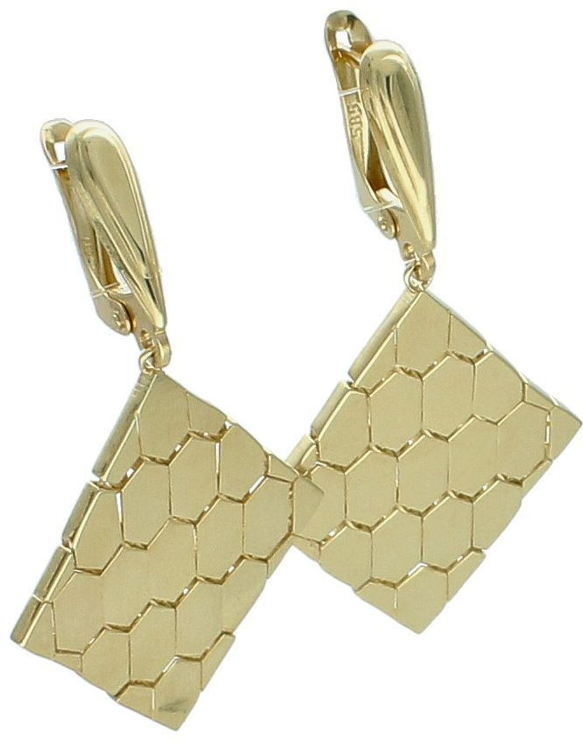 Efektowne kolczyki damskie ze złota próby 585. Wiszące, ruchome romby z zapięciem angielskim. Długość 4,5 cm, waga 7,04 g – elegancja i styl w jednym.1.jpg