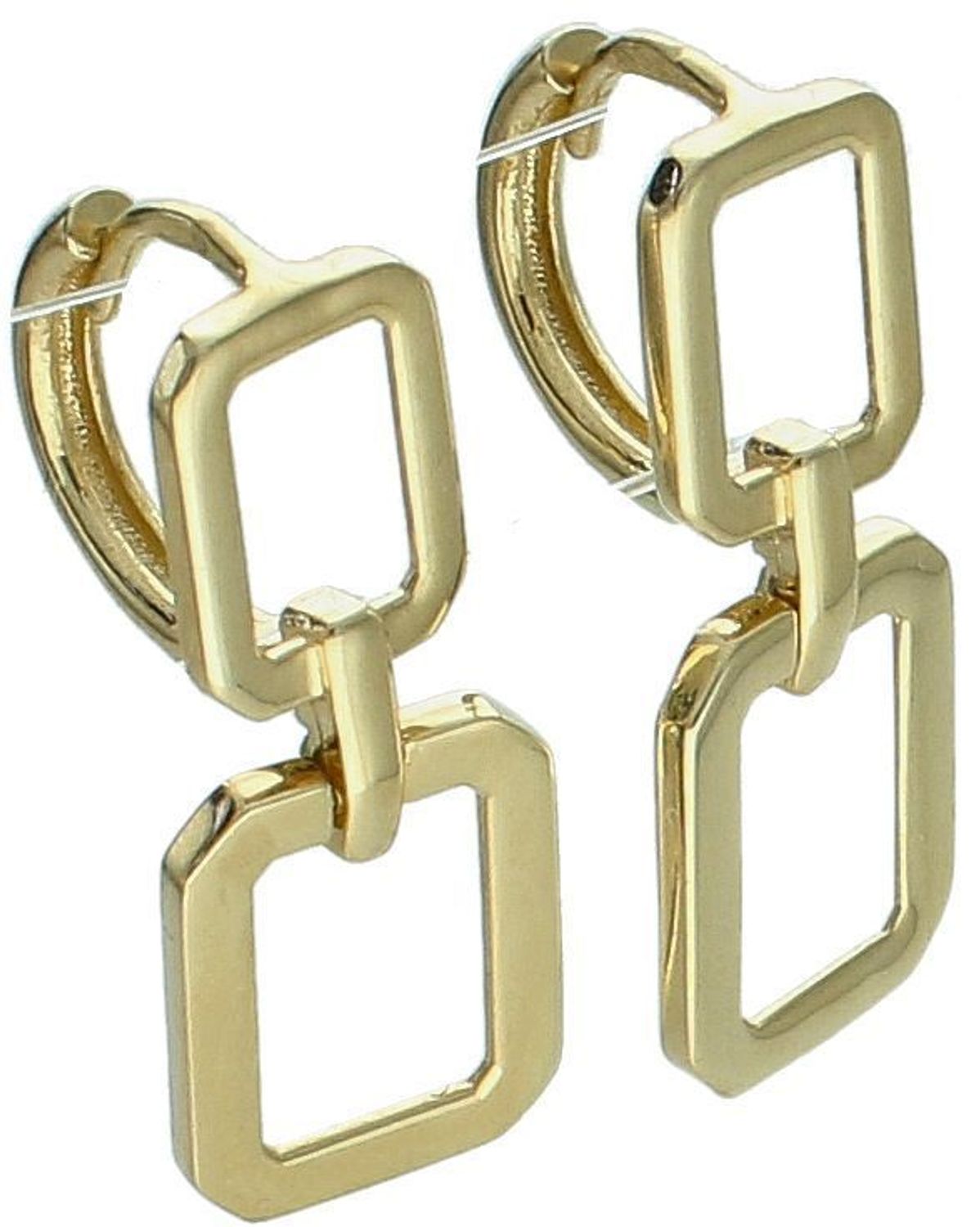 Kolczyki ze złota 585 o geometrycznym kształcie z dwoma prostokątami. Długość 2,2 cm, szerokość 8 mm, zapięcie na zatrzask. Stylowy i nowoczesny akcent do każdej stylizacji.1.jpg