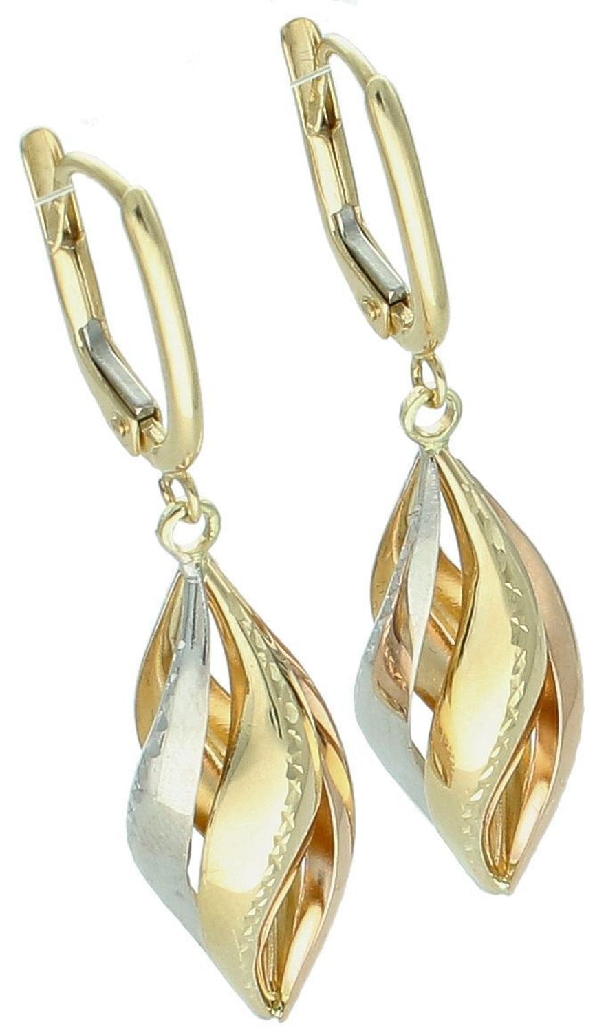 Kolczyki ze złota 585 z eleganckim skręconym wzorem. Żółte, białe i różowe złoto. Zapięcie typu bigiel angielski. Długość 4 cm, waga 2,56 g – klasyka w nowoczesnym wydaniu.1.jpg