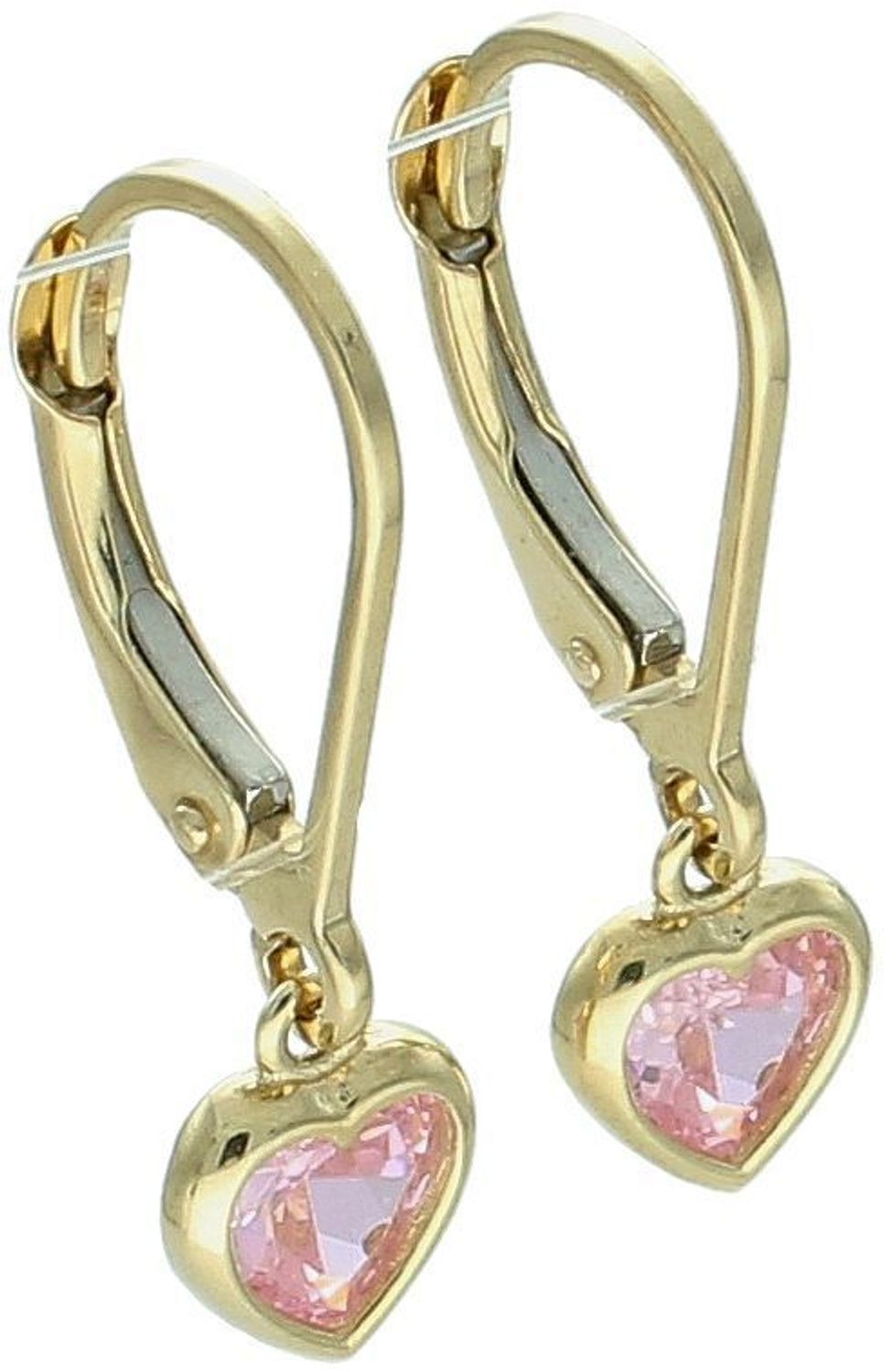 Urocze kolczyki dziecięce z różową cyrkonią w kształcie serduszek. Złoto próby 585, długość 2 cm, zapięcie bigiel angielski. Idealne na prezent dla dziewczynki.1.jpg