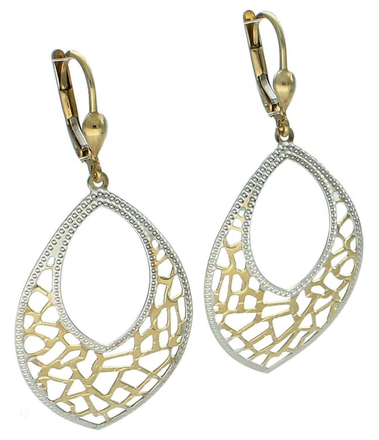 Kolczyki złote wiszące ażur pr 585, DIA-KLC-1360-333 Złote kolczyki wiszące wykonane z najwyższej jakości żółtego złota, próba 585, ozdobione ażurem. Kolczyki w modowym stylu, wpisujące się w obecne trendy modowe. 1.jpg