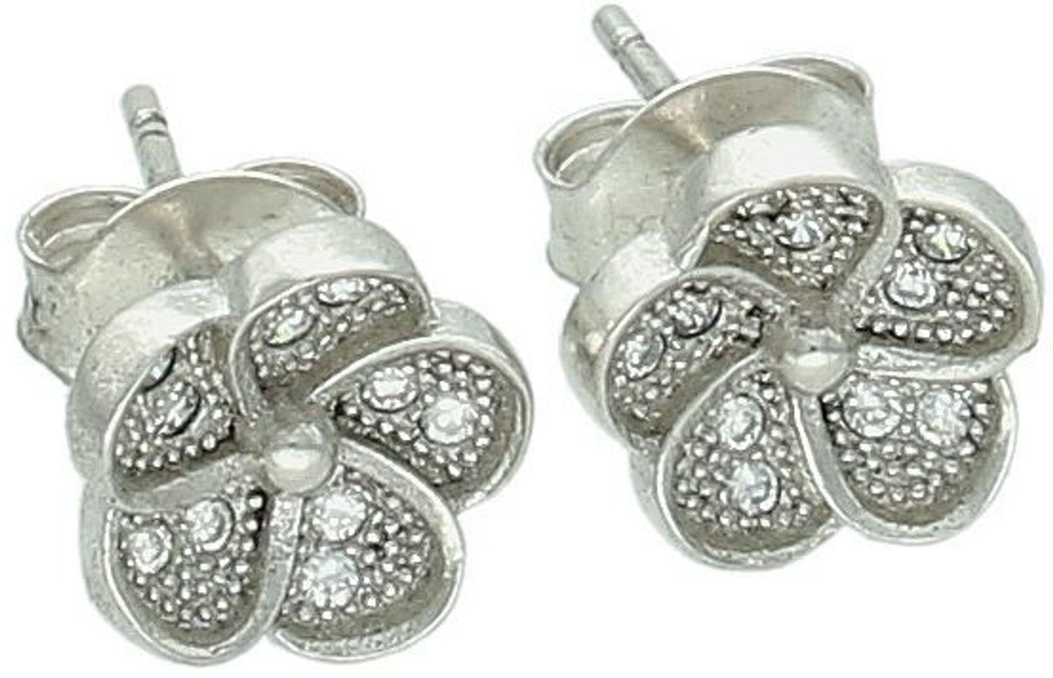 Delikatne kolczyki srebrne DIA-KLC-13641-925 w kształcie kwiatków zdobione błyszczącymi cyrkoniami. Wykonane ze srebra próby 925, zapięcie na sztyft, wielkość 8 mm, waga 1,80 g. 1.jpg