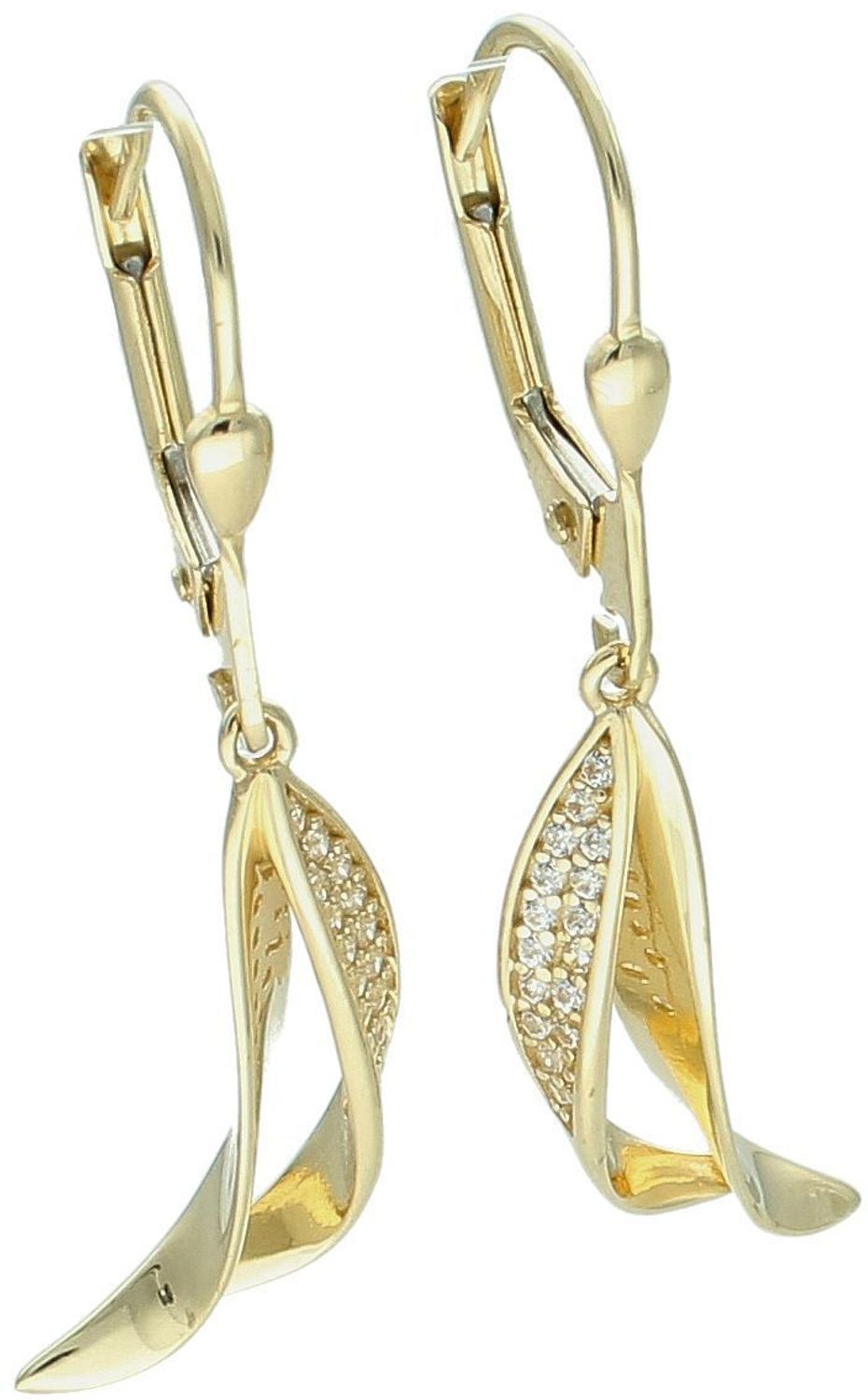 Złote kolczyki damskie próby 585 z eleganckim biglem angielskim i zdobieniem z cyrkonii. Model DIA-KLC-13651-585, długość 4 cm, waga 3,15g. Idealne na wyjątkowe okazje.2.jpg