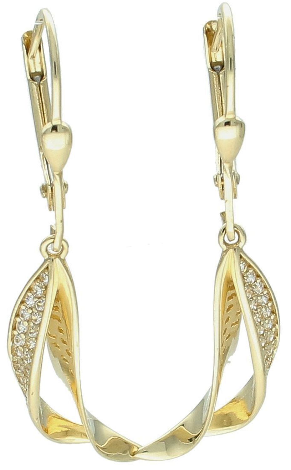 Złote kolczyki damskie próby 585 z eleganckim biglem angielskim i zdobieniem z cyrkonii. Model DIA-KLC-13651-585, długość 4 cm, waga 3,15g. Idealne na wyjątkowe okazje.2.jpg