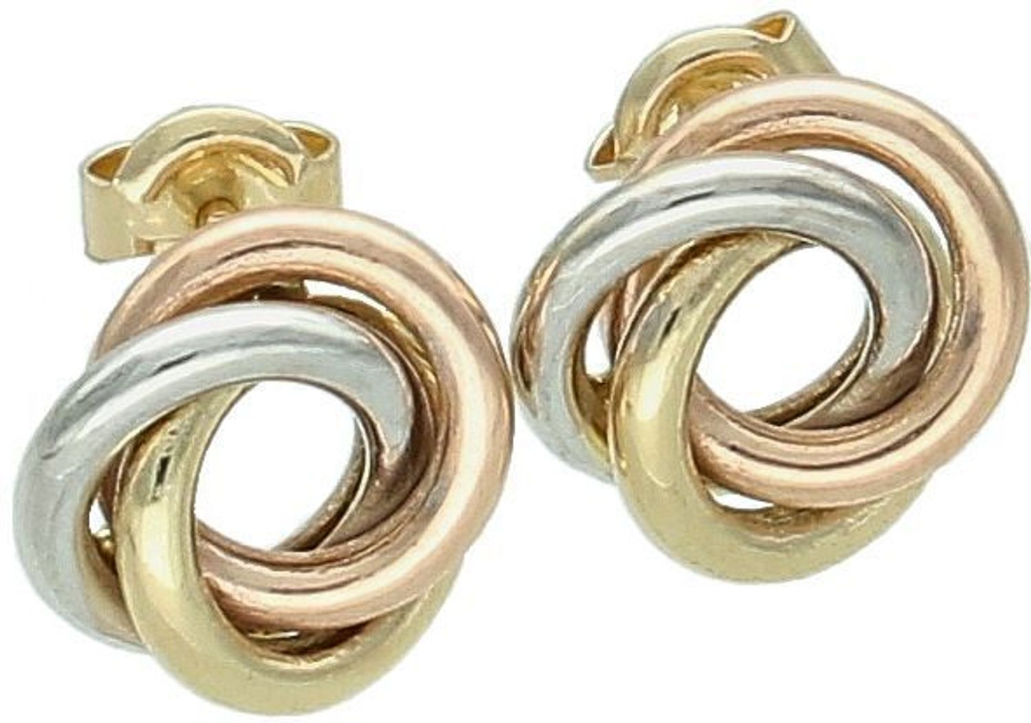 Złote kolczyki damskie DIA-KLC-13652-585 – plecione, trójkolorowe, okrągłe. Próba 585, waga 1,92g, średnica 1,1 cm. Eleganckie zapięcie na sztyft, idealne na prezent.1.jpg