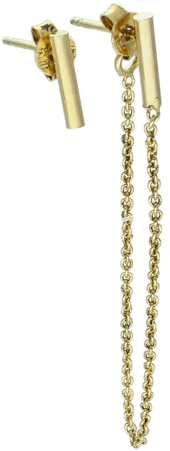 Kolczyki damskie srebrne próby 925, model DIA-KLC-13668-925. Jeden kolczyk krótki patyczek, drugi z ozdobnym łańcuszkiem 6 cm. Pozłacane, zapięcie na sztyft, lekkie i nowoczesne.1.jpg