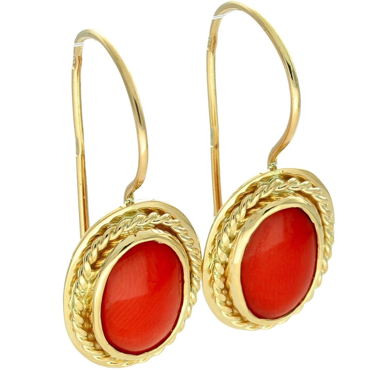 Złote kolczyki z koralem  Pleciony wzór, zapięcie bigiel grawer.jpg