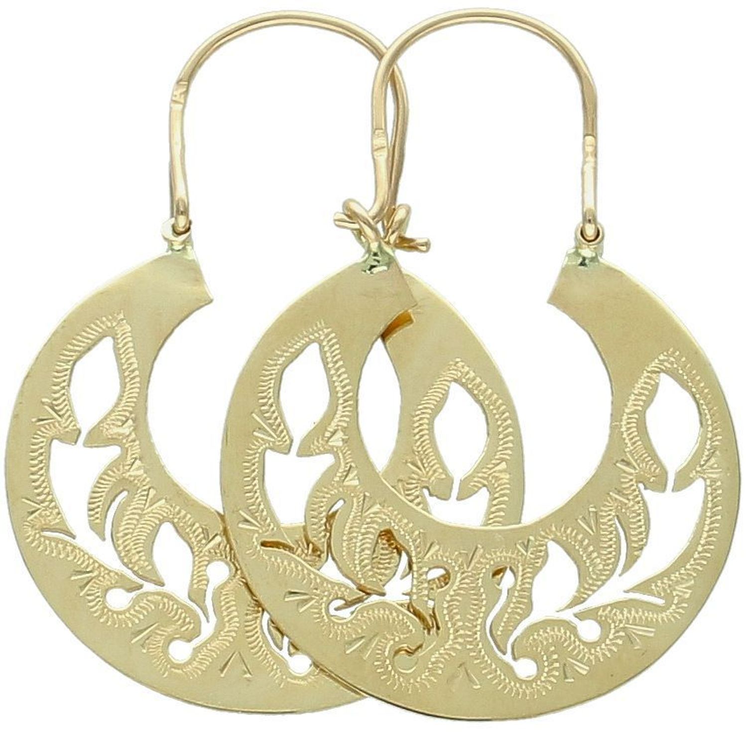 Eleganckie kolczyki damskie złote próby 585, model DIA-KLC-13682-585. Koła wzór Warmet, zdobione ażurem, długość 3,7 cm, szerokość 2,5 cm, waga 4,73 g. Idealne na prezent i do codziennych 2.jpg