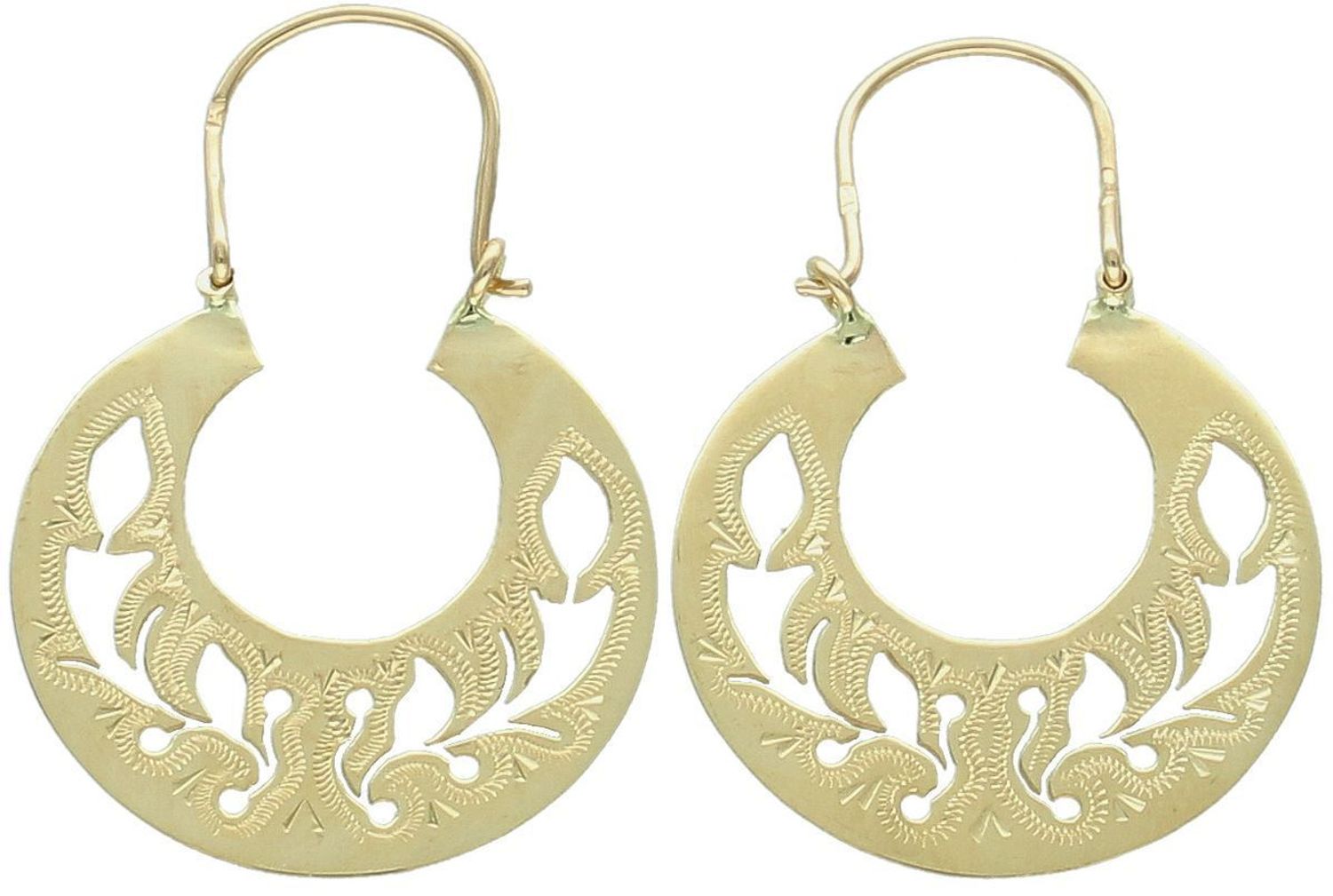 Eleganckie kolczyki damskie złote próby 585, model DIA-KLC-13683-585. Koła wzór Warmet, ażurowe zdobienia, długość 3,5 cm, szerokość 2,2 cm, waga 3,37 g. Idealne na prezent i do 1.jpg