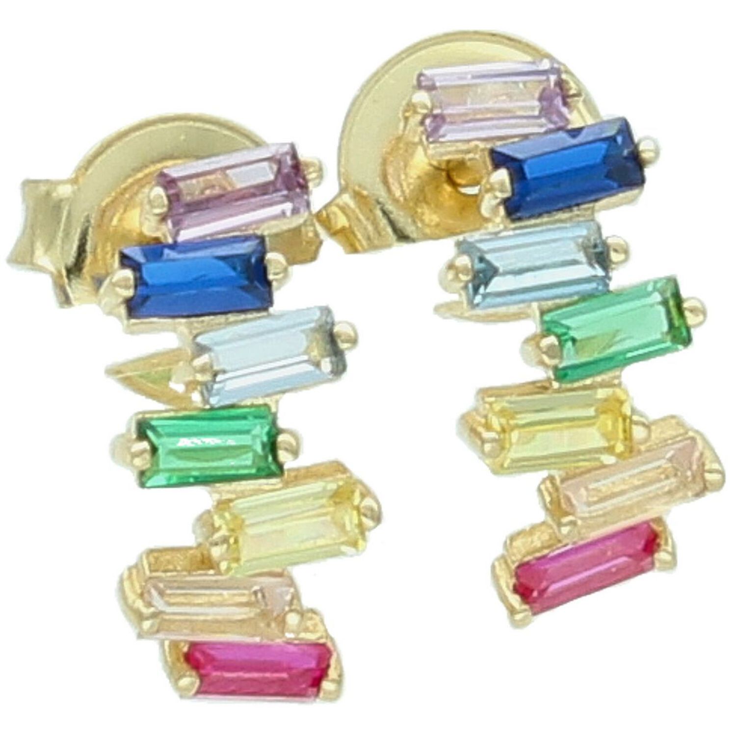 Eleganckie złote kolczyki damskie próby 585 zdobione kolorowymi cyrkoniami. Wielkość 1,0 cm x 4 mm, waga 1,20 g, zapięcie na sztyft. Idealne na prezent i do codziennych stylizacji.1.jpg