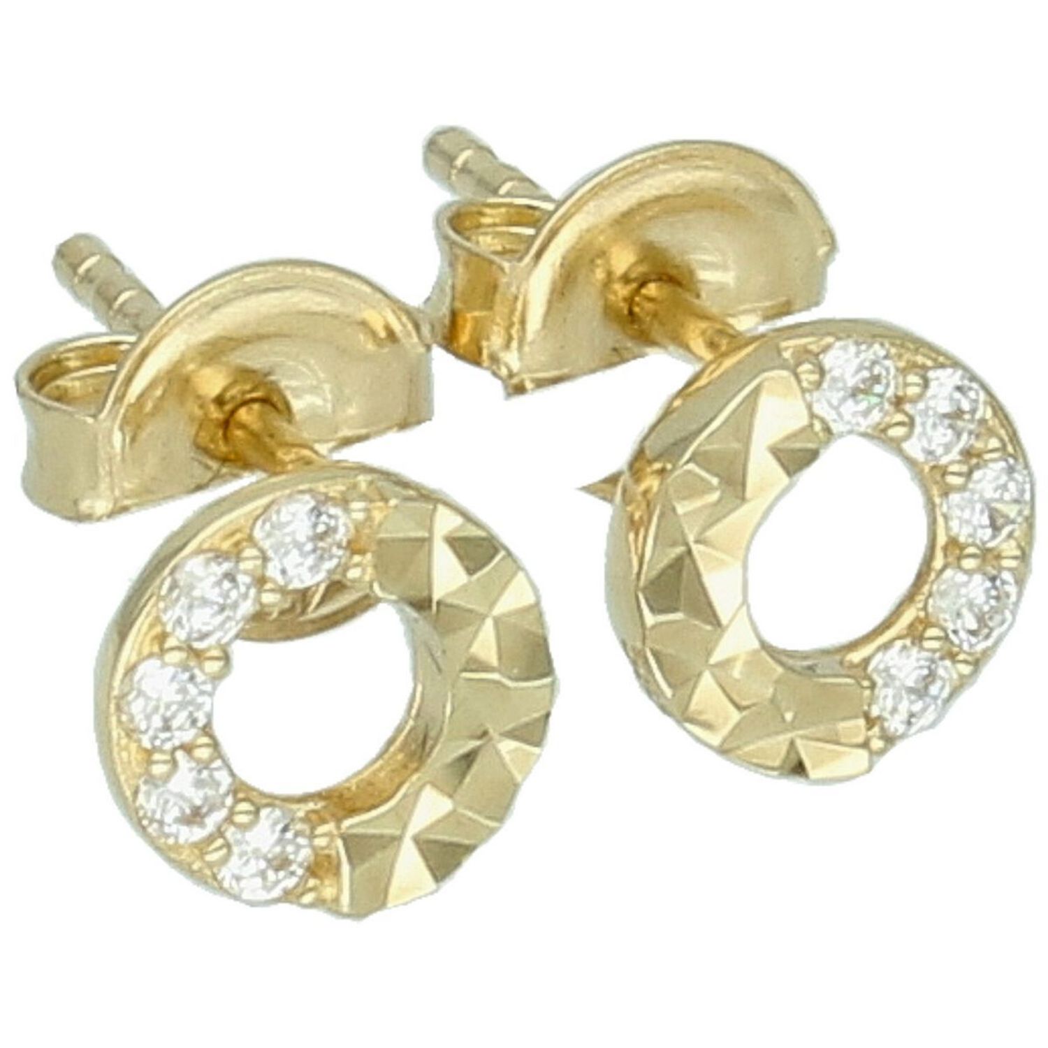 Kolczyki damskie złote próby 585 DIA-KLC-13721-585 – okrągłe, puste w środku, zdobione białymi cyrkoniami i grawerem. Waga 1,04 g, zapięcie na sztyft. Eleganckie i lekkie.1.jpg