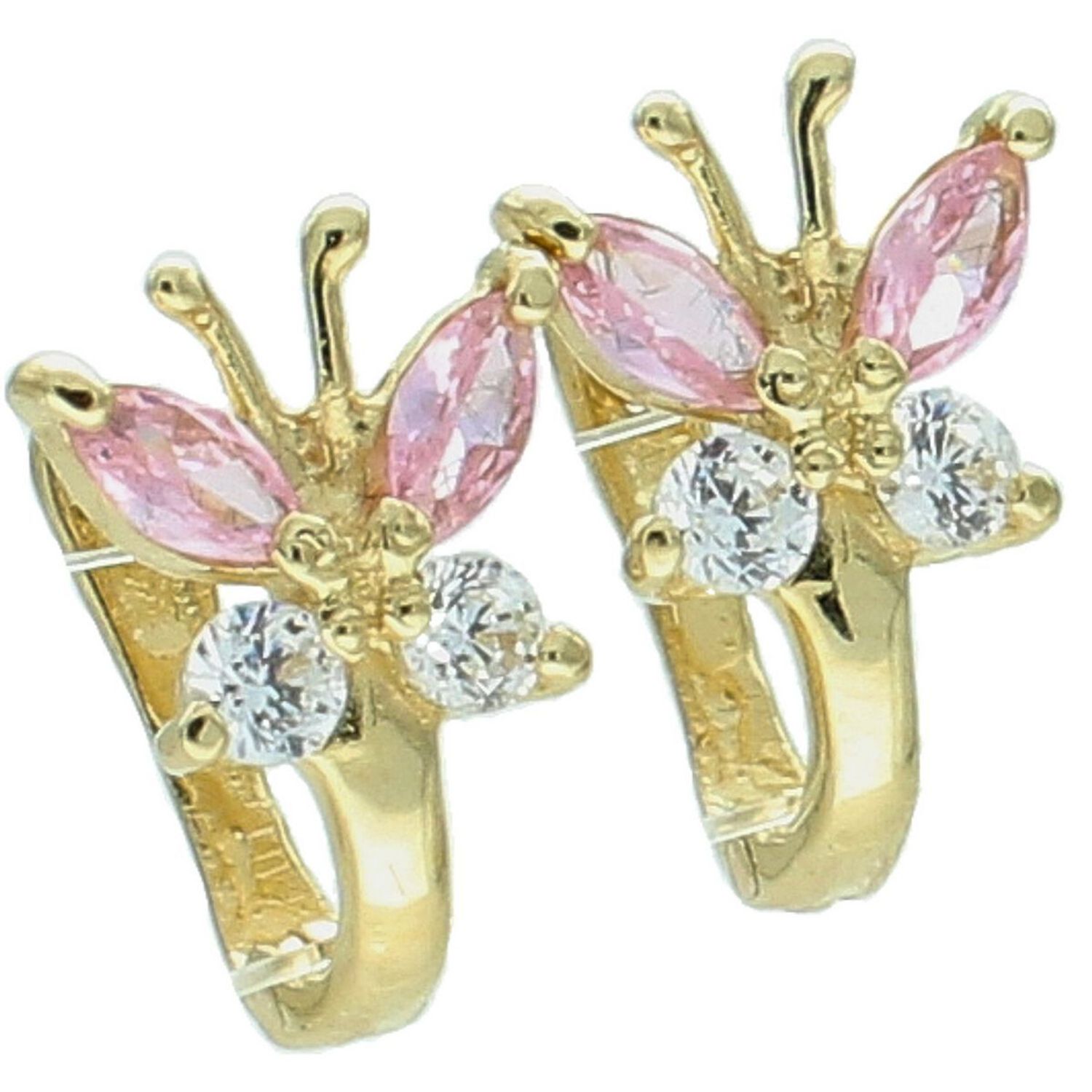 Kolczyki dziecięce złote DIA-KLC-13722-585 – motylki zdobione różową i białą cyrkonią. Wymiary 1,2 cm x 8 mm, waga 1,40 g, zapięcie angielskie. Urocza i bezpieczna biżuteria dla dziecka.1.jpg