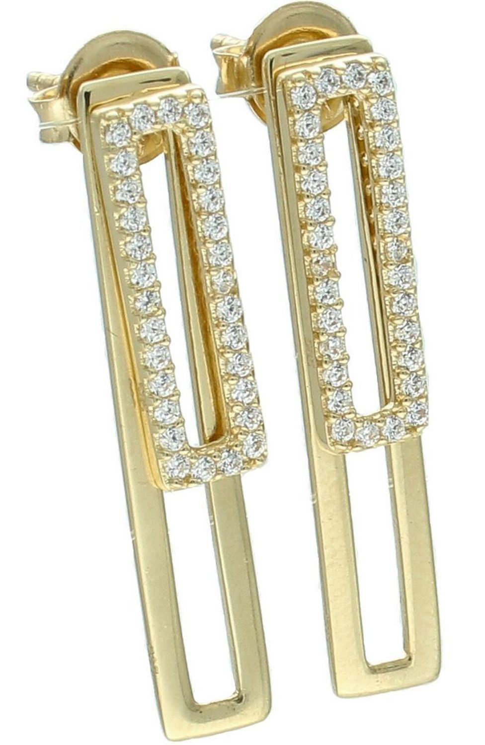 Kolczyki damskie złote próby 585 DIA-KLC-13723-585 – eleganckie prostokątne elementy, gładki i zdobiony cyrkoniami. Długość 2,7 cm, szerokość 5 mm, zapięcie na sztyft.1.jpg