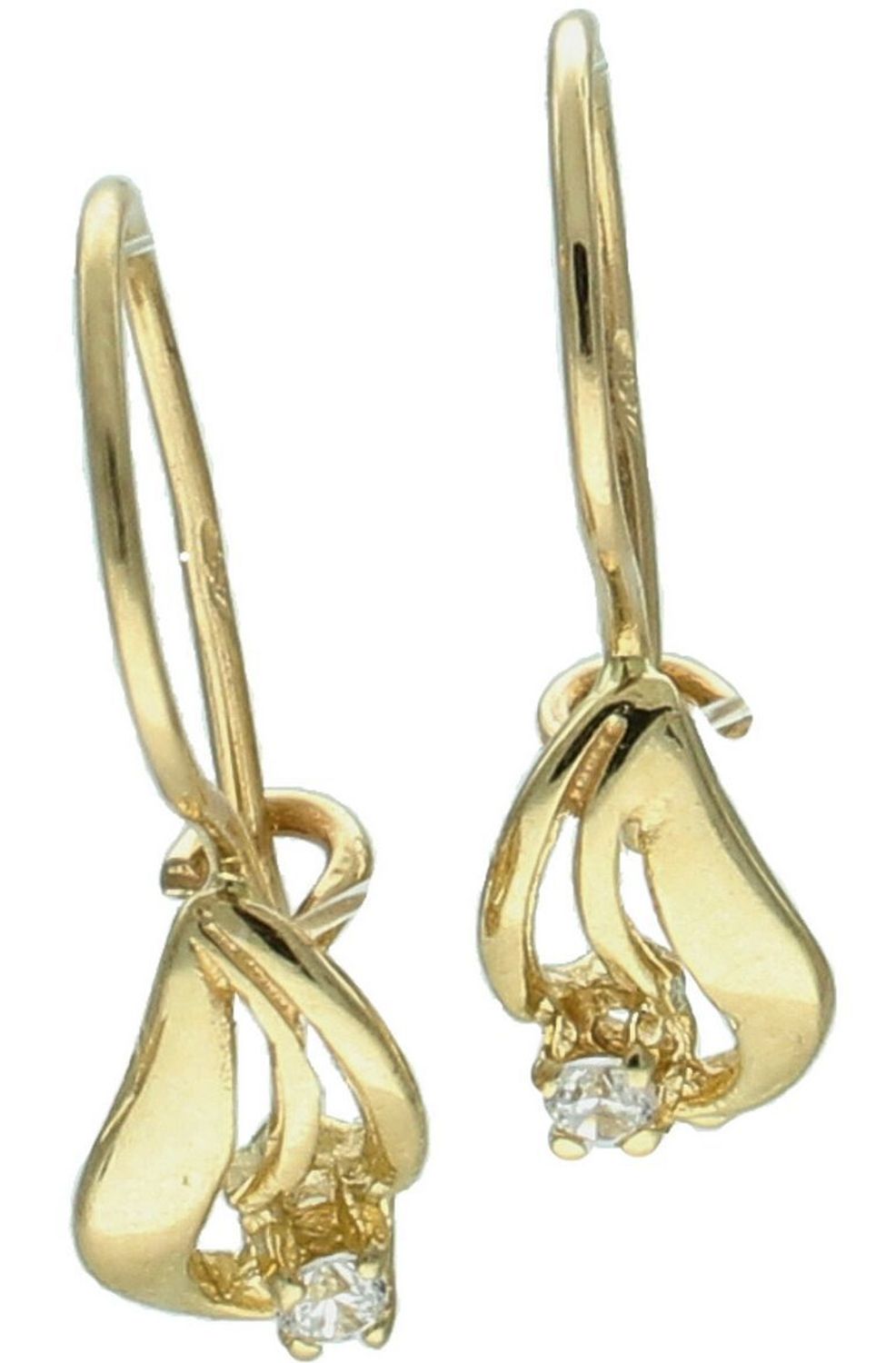 Subtelne złote kolczyki damskie i dziecięce próby 585 w kształcie łezek, zdobione białą cyrkonią. Długość 1,8 cm, szerokość 5 mm, zapięcie bigiel angielski. Lekkie i eleganckie.1.jpg