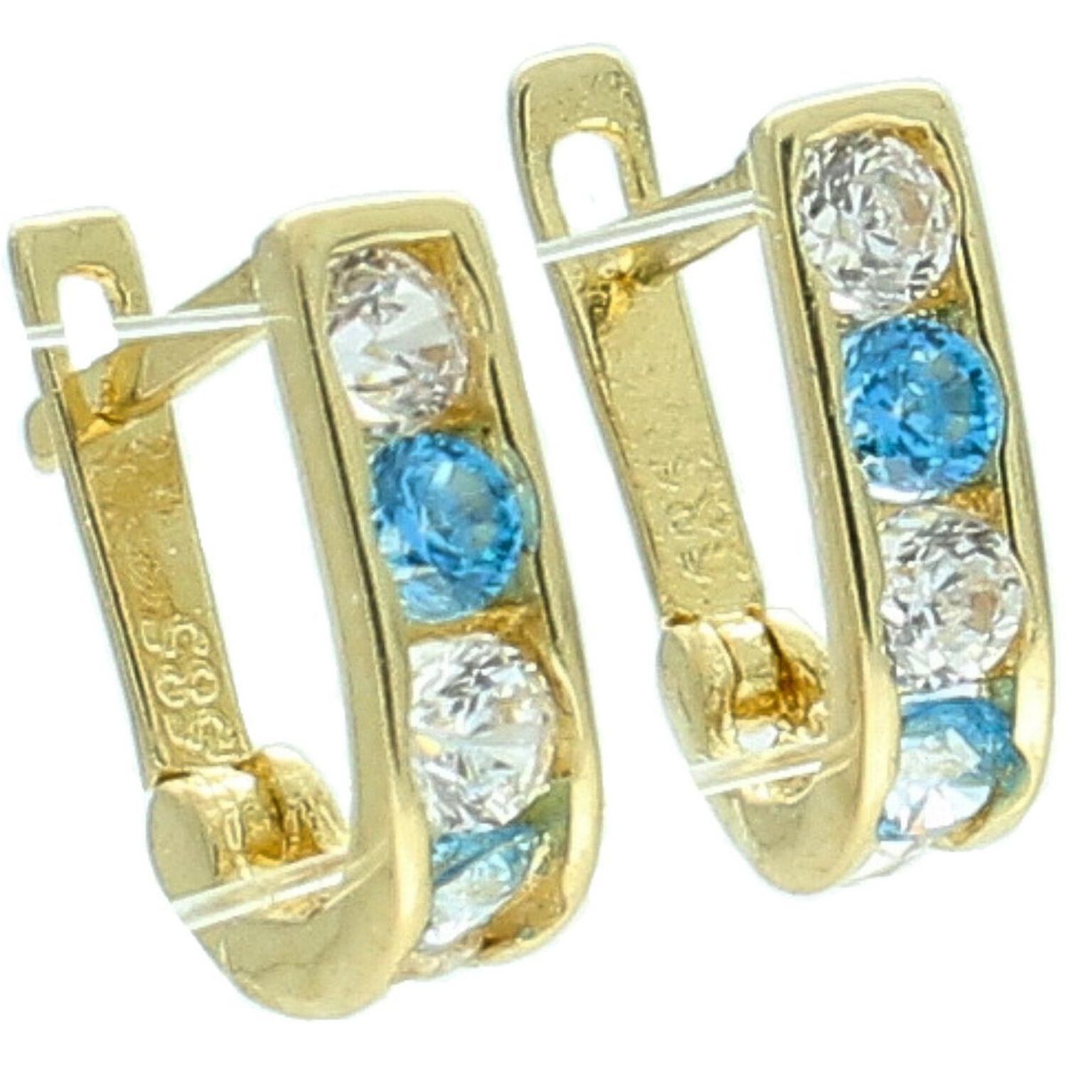 Kolczyki dziecięce złote próby 585 DIA-KLC-13733-585 – subtelne patyczki z białymi i niebieskimi cyrkoniami. Lekkie, wygodne, z bezpiecznym zapięciem angielskim. Idealne na prezent.1.jpg