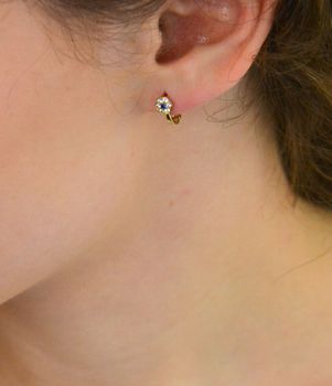 Kolczyki dziecięce złote próby 585 DIA-KLC-13735-585 – delikatne kwiatki ozdobione białymi i granatowymi cyrkoniami. Długość 1,0 cm, szerokość 5 mm, zapięcie angielskie (5).JPG