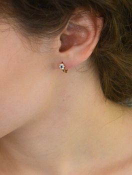 Kolczyki dziecięce złote próby 585 DIA-KLC-13735-585 – delikatne kwiatki ozdobione białymi i granatowymi cyrkoniami. Długość 1,0 cm, szerokość 5 mm, zapięcie angielskie (6).JPG