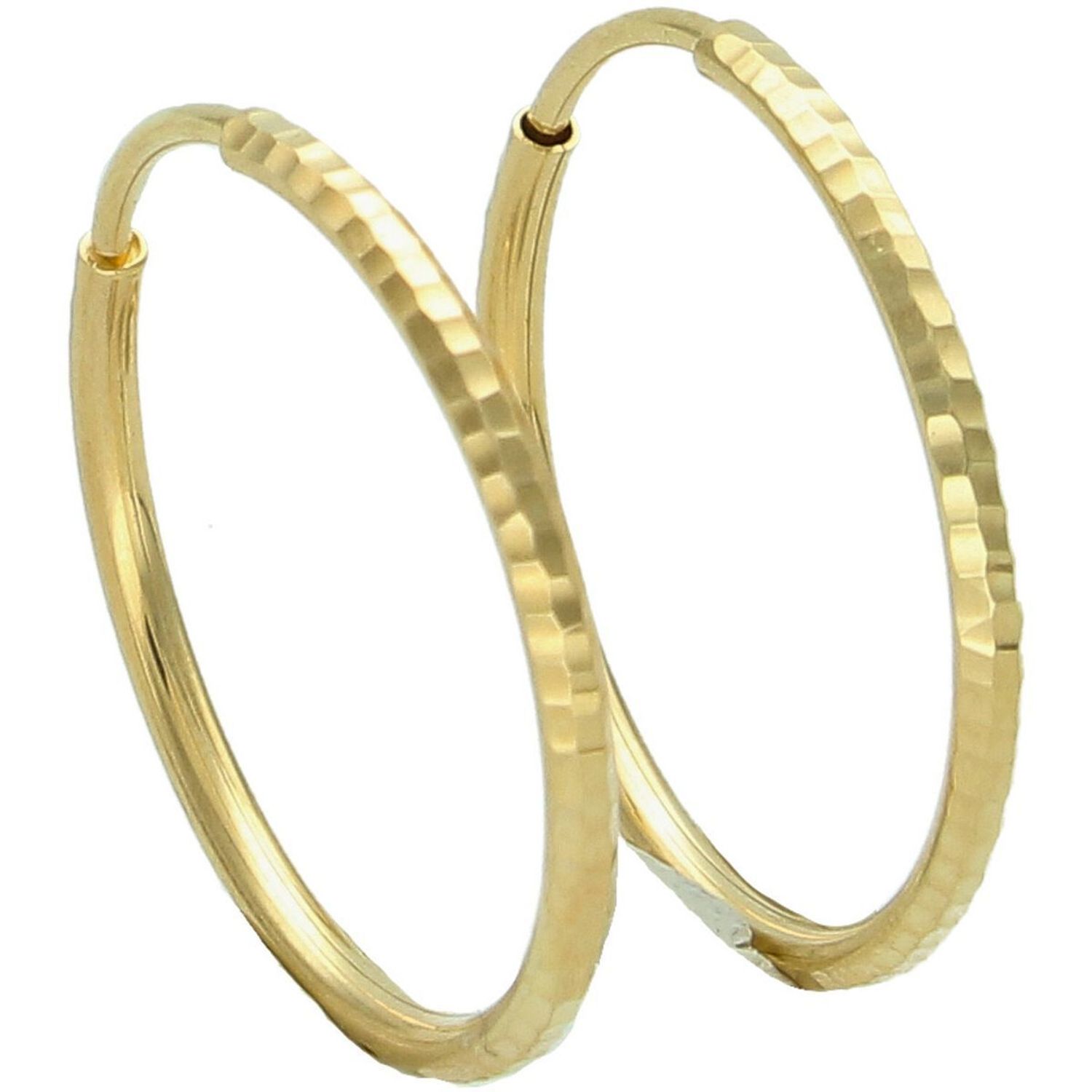 Kolczyki złote DIA-KLC-13736-585 – kółka grawerowane o długości 2,2 cm i szerokości 2 mm. Waga 1,44 g, zapięcie typu szarnir. Stylowa biżuteria idealna na co dzień i na prezent.1.jpg