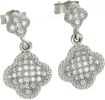 Srebrne kolczyki wiszące koniczynki DIA-KLC-13831-925. Srebro próby 925, ozdobione cyrkoniami, zapięcie na sztyft, długość 1,6 cm x 1,0 cm, waga 1,90 g. Stylowy dodatek i symbol szczęścia 1.jpg