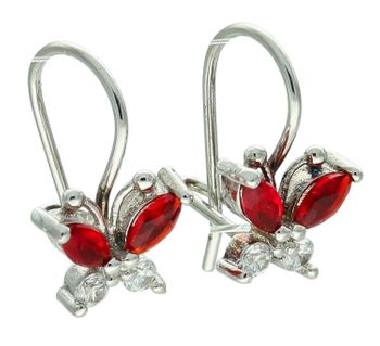 Urocze kolczyki dziecięce srebrne DIA-KLC-13833-925 w kształcie wiszących motylków, zdobione czerwoną i białą cyrkonią. Długość 1,3 cm, zapięcie bigiel angielski, idealne na prezent.1.jpg