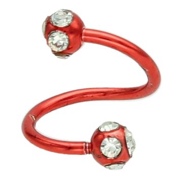 Kolczyk do brwi twister w czerwonym kolorze ze stali chirurgicznej. Zakończony kulkami zdobionymi białymi cyrkoniami. Trwały, stylowy i wygodny – idealny dla miłośników piercingu.1.jpg