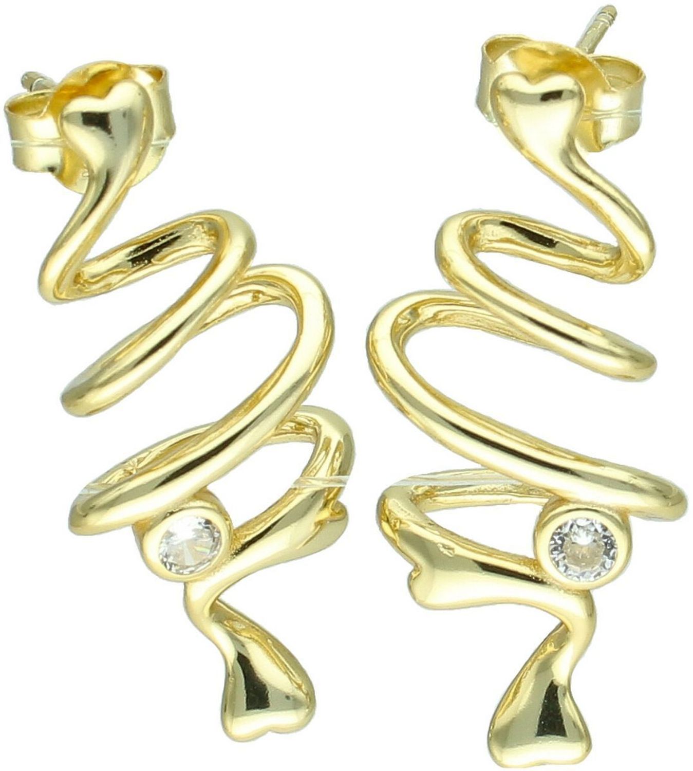 Kolczyki srebrne pozłacane próby 925 w kształcie spiralek, zdobione cyrkonią i małym serduszkiem. Model DIA-KLC-13930-925, długość 2,5 cm, szerokość 1,0 cm, waga 3,20 g. Romantyczny i elegancki1.jpg